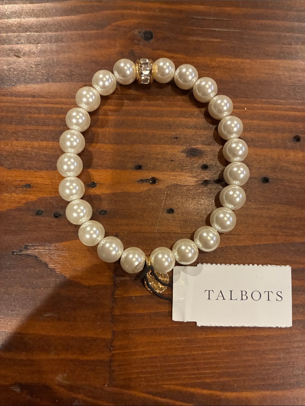 Talbots Cream Pearl Stretch Bracelet with Gold Rhinestone Spacer